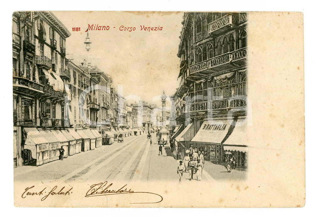 Cartolina originale da collezione 1902 MILANO Scorcio di corso VENEZIA con parrucchiere B. BATTAGLIA ANIMATA FP VG 1