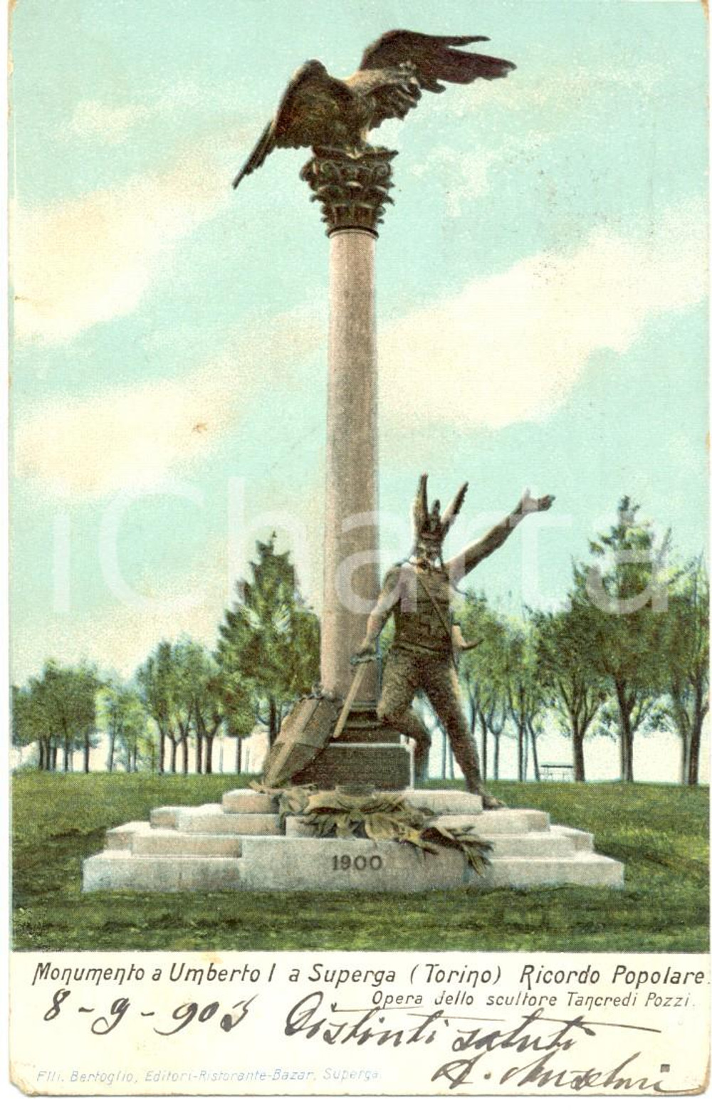 Cartolina originale da collezione 1903 SUPERGA (TO) Monumento UMBERTO I di Tancredi POZZI scultore Cartolina FP VG 1