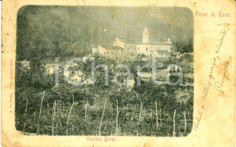 Cartolina originale da collezione 1902 PIEVE DI TECO (IM) Vecchio borgo con la chiesa *Cartolina FP VG 1