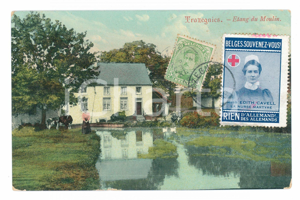 Cartolina originale da collezione 1920 TRAZEGNIES Edith Cavell rien d'Allemand erinnofilo 1