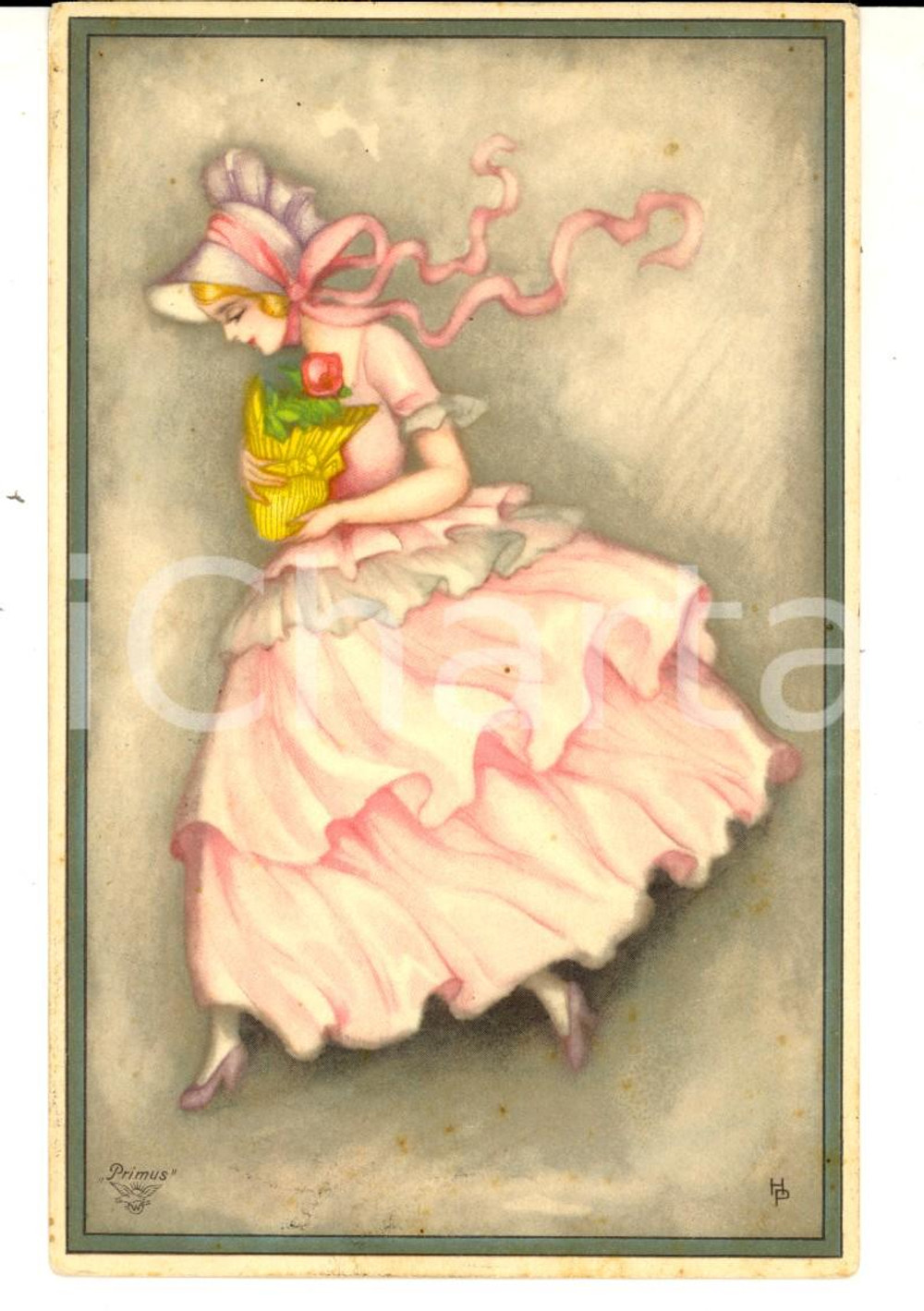 Cartolina originale da collezione 1927 BUDAPEST Una romantica damigella in rosa *Cartolina postale ILLUSTRATA FP 1