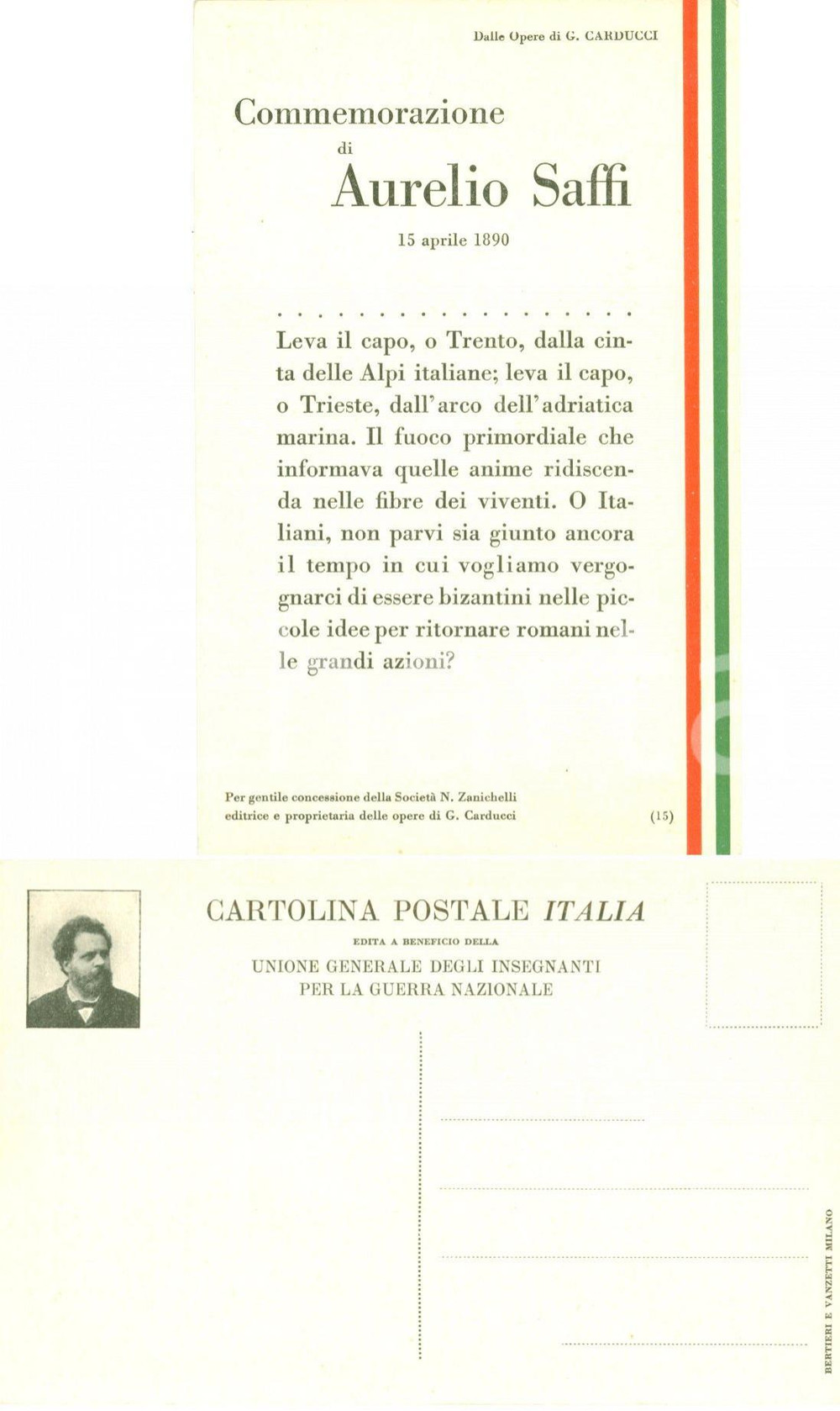 Cartolina originale da collezione 1915 ca Commemorazione di Aurelio SAFFI GiosuÃ¨ CARDUCCI 1