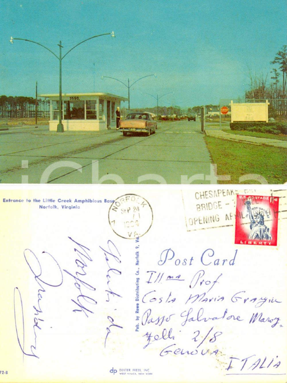 Cartolina originale da collezione 1964 NORFOLK (USA) Entrance to the LITTLE CREEK Amphibious Base *Postcard FP VG 1