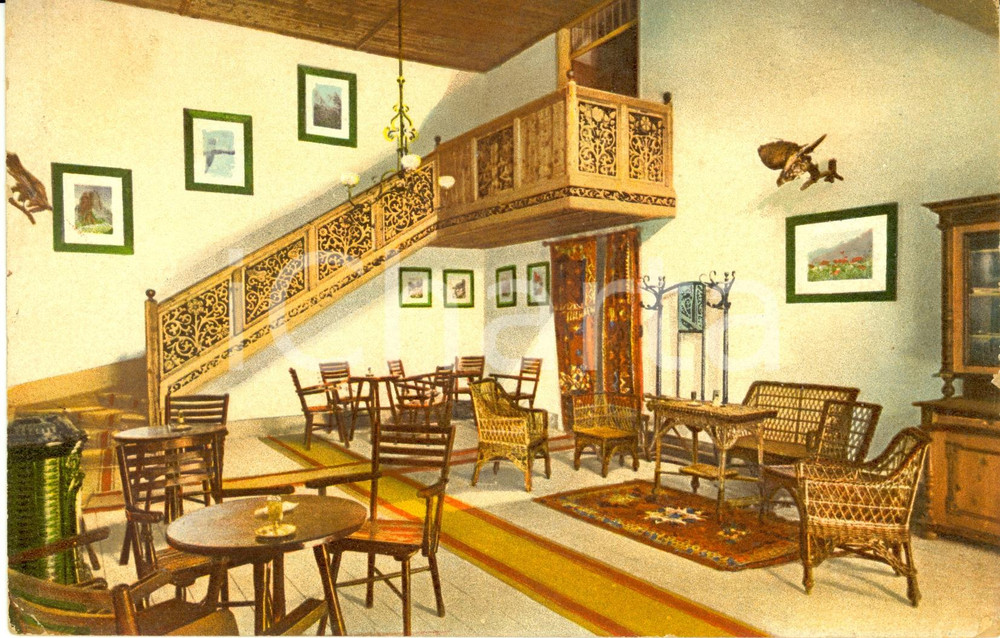 Cartolina originale da collezione 1950 ca TIRES (BZ) Sala lettura Hotel LAVINA BIANCA * Cartolina FP NV VINTAGE 1