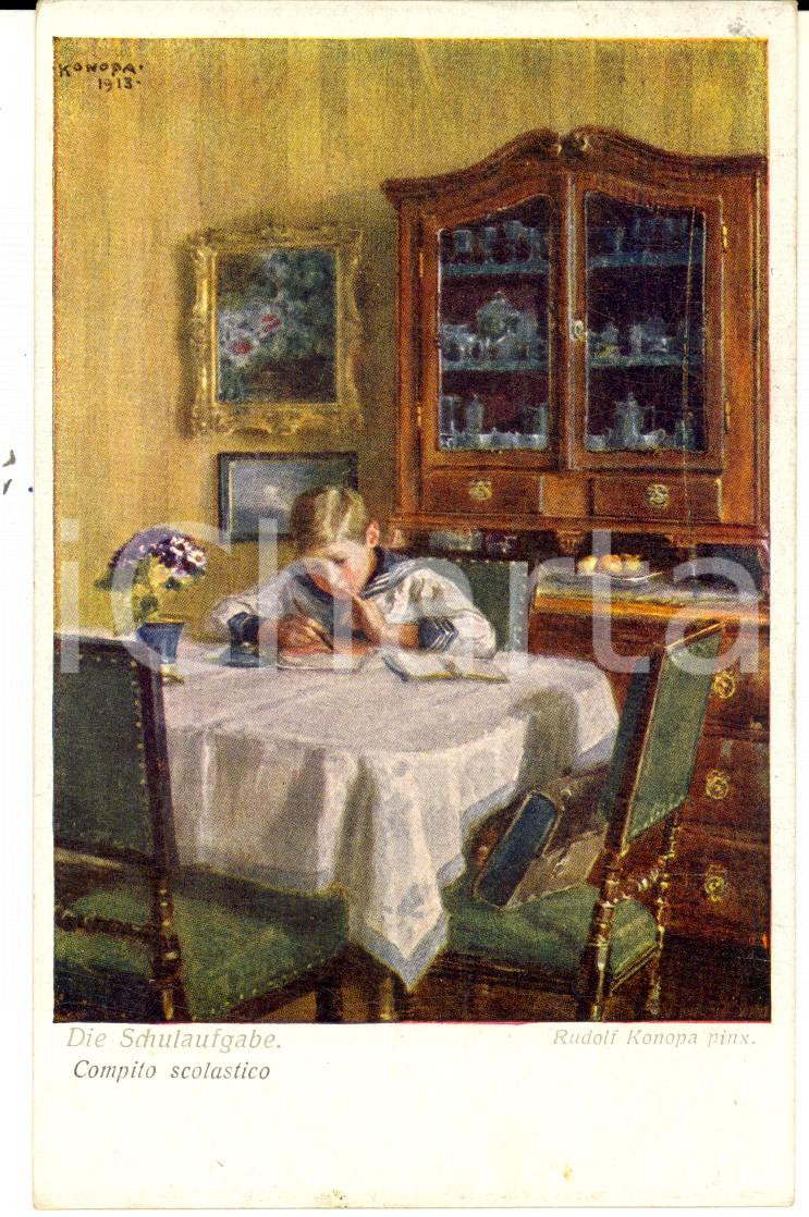 Cartolina originale da collezione 1920 ARTE Rudolf KONOPA Compito scolastico Cartolina ILLUSTRATA FP VG 1