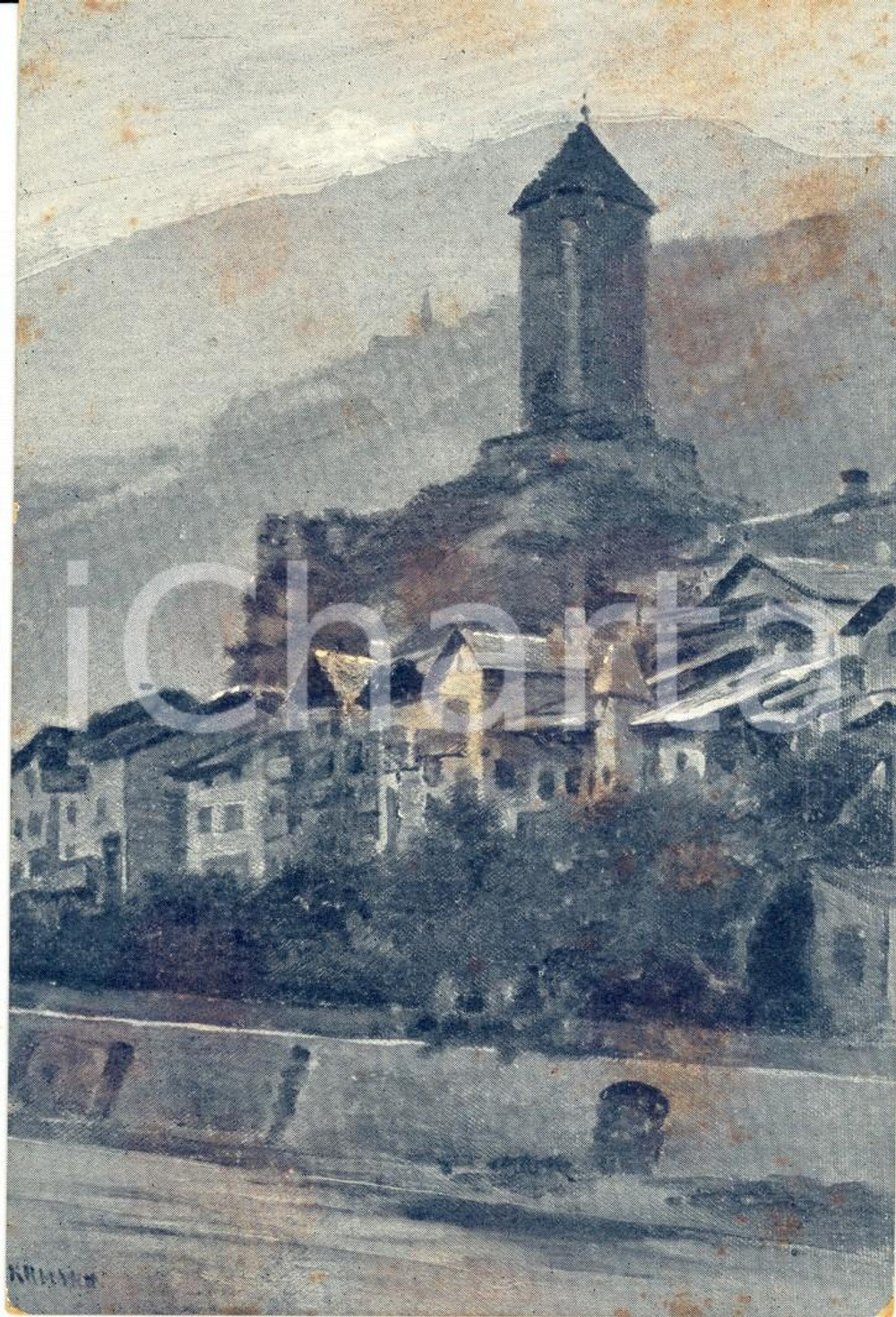 Cartolina originale da collezione 1910 ca KLAUSEN/CHIUSA (BZ) TIROLO Veduta con TORRE BRANZOLL *ILLUSTRATA FP NV 1