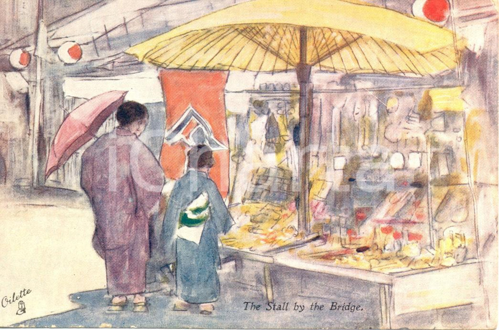Cartolina originale da collezione 1912 FAIR JAPAN The stall by the bridge *Cartolina ILLUSTRATA OILETTE FP VG 1