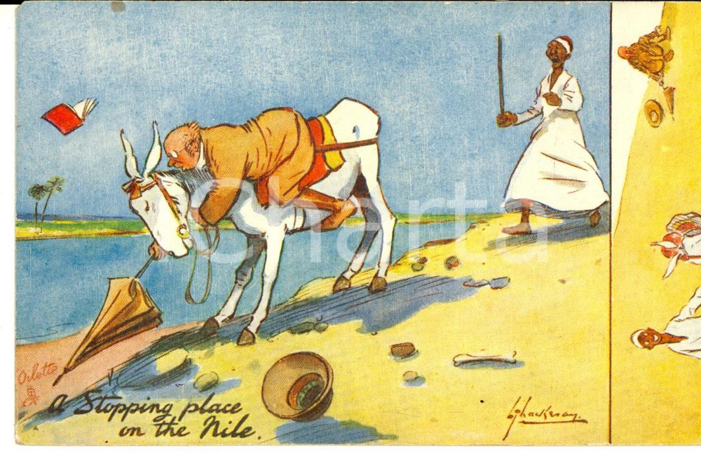 Cartolina originale da collezione 1920 ca HUMOUR IN EGYPT A stopping place on the Nile *Postcard OILETTE FP NV 1