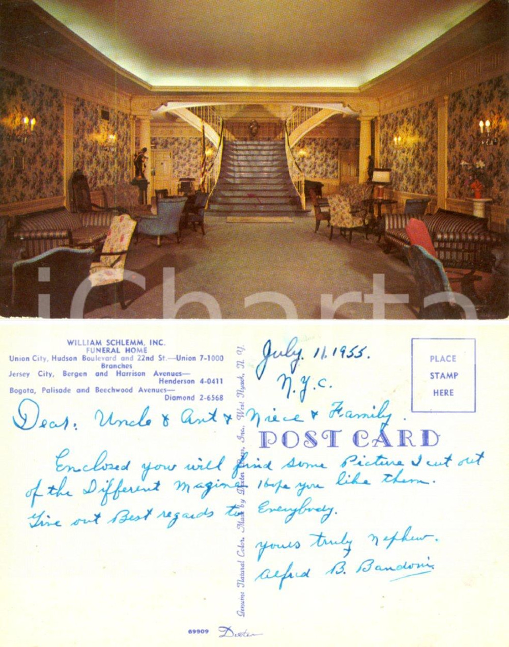 Cartolina originale da collezione 1955 UNION CITY (USA) Funeral home della ditta WILLIAM SCHLEMM * Cartolina FP NV 1