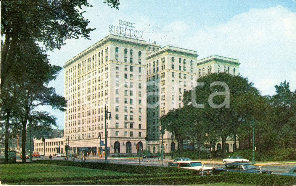 Cartolina originale da collezione 1958 DETROIT (USA) Veduta esterna PARK SHELTON Hotel *Cartolina FP VG VINTAGE 1