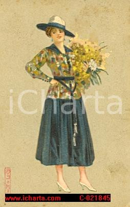 Cartolina originale da collezione 1918 Donna con fiori Illustratore COLOMBO FP VG 1
