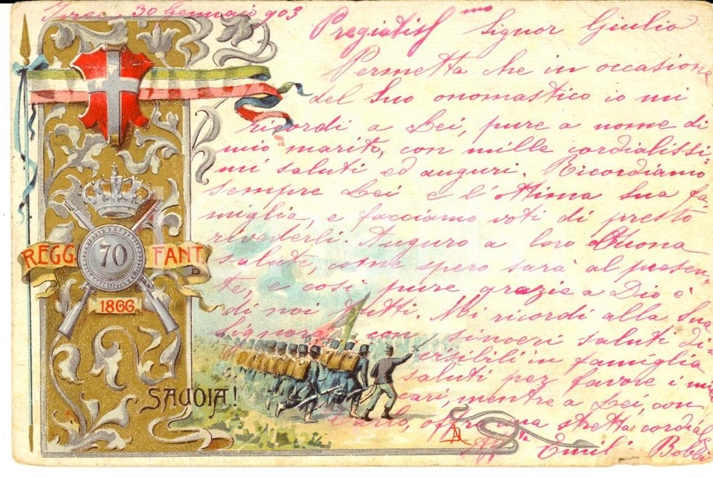 Cartolina originale da collezione 1903 REGIO ESERCITO 70Â° Reggimento Fanteria *Cartolina ILLUSTRATA FP VG 1