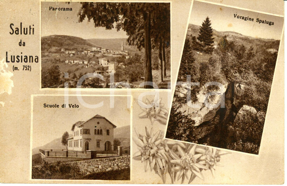 Cartolina originale da collezione 1953 LUSIANA VI Vedutine con scuole VELO e voragine SPALUGA DANNEGGIATA FP VG 1