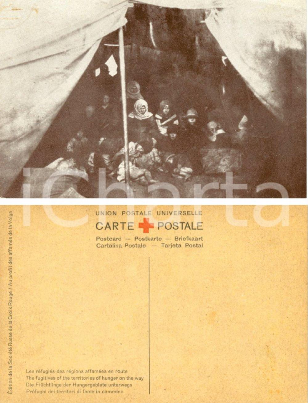 Cartolina originale da collezione 1920 ca VOLGA (RUSSIA) Sosta rifugiati sotto tenda *Cartolina FP NV CROCE ROSSA 1