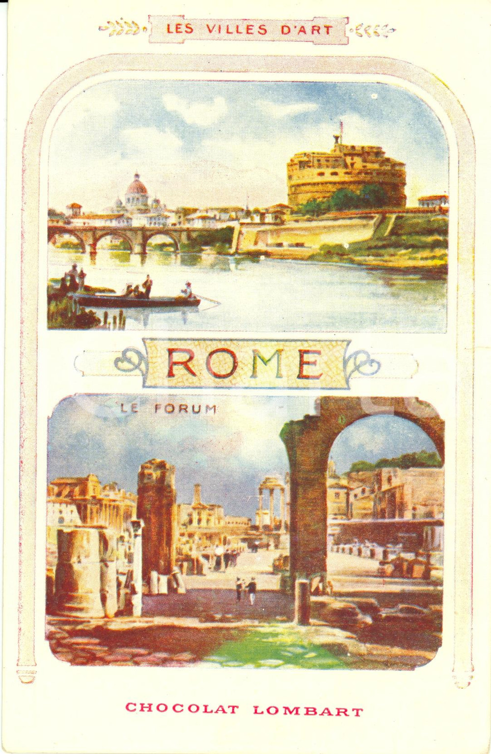 Cartolina originale da collezione 1920 ca ROMA Castel Sant Angelo e Fori Cartolina illustrata CHOCOLAT LOMBART 1