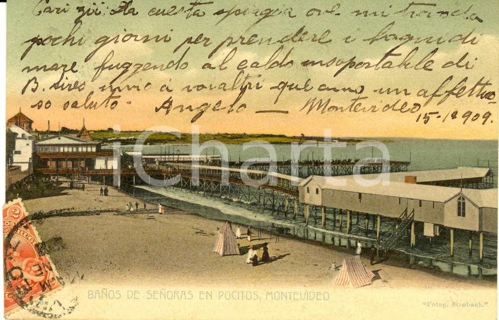 Cartolina originale da collezione 1909 MONTEVIDEO (URUGUAY) Banos de senoras en POCITOS FP VG 1