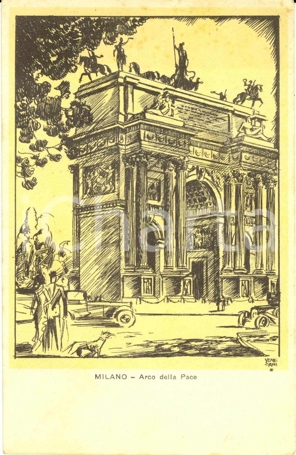Cartolina originale da collezione 1934 MILANO ARCO DELLA PACE disegno VENEZIANI acqua GIOCONDA Cartolina FP VG 1