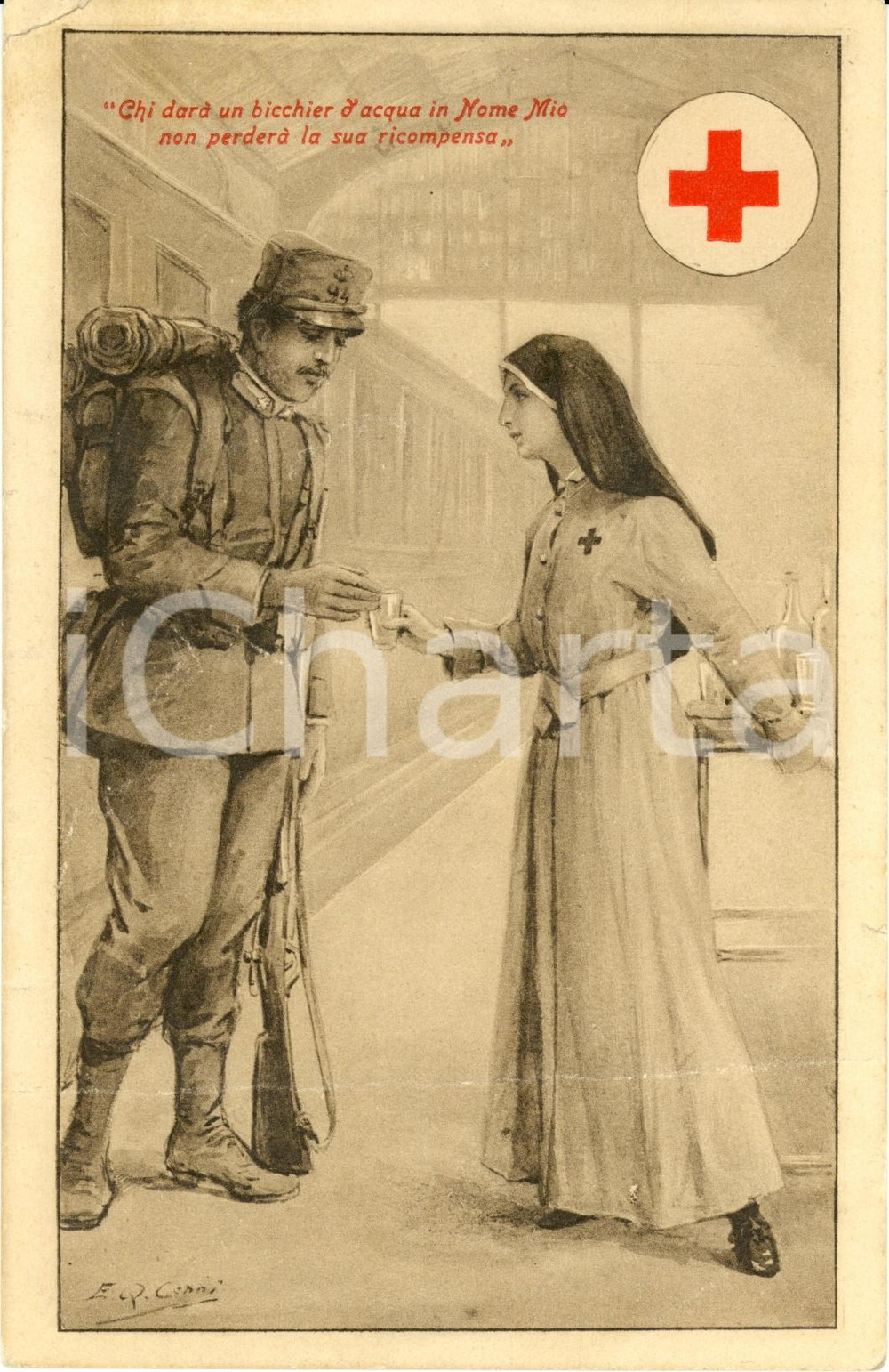 Cartolina originale da collezione 1920 ca CROCE ROSSA Infermiera porge acqua a soldato Cartolina FP DANNEGGIATA 1