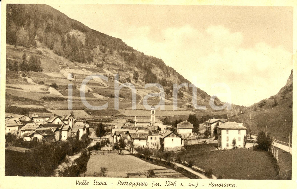 Cartolina originale da collezione 1930 ca PIETRAPORZIO CN Veduta del paese in Valle STURA Cartolina DANNEGGIATA 1