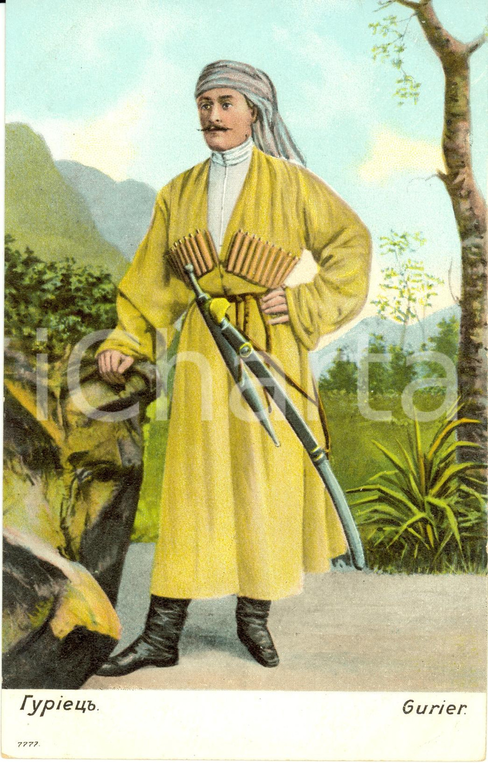 Cartolina originale da collezione 1911 COSTUMI CAUCASO Guerriero in abiti tradizionali Cartolina illustrata FP VG 1