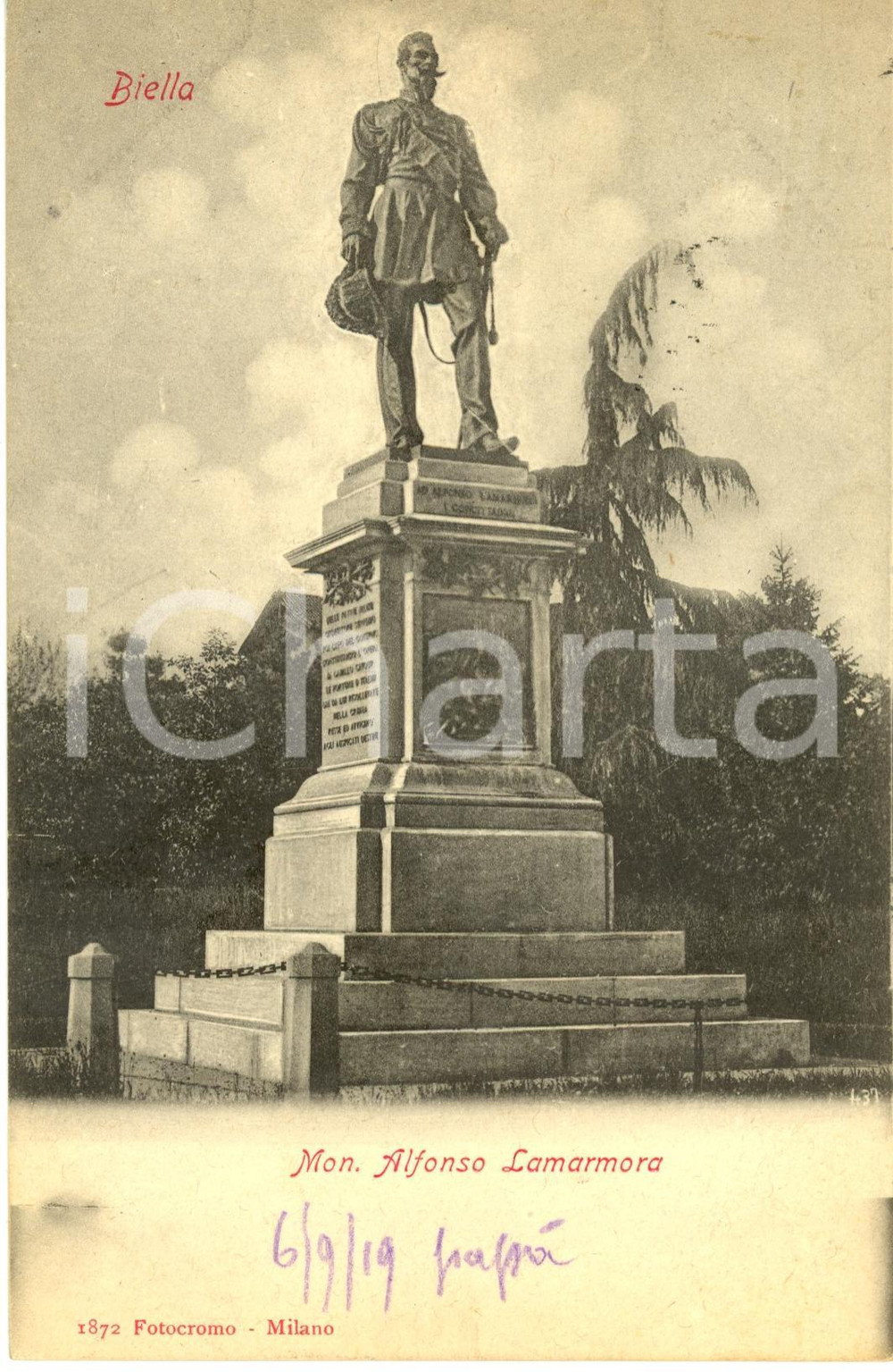 Cartolina originale da collezione 1909 BIELLA Monumento dedicato ad ALFONSO LAMARMORA *Cartolina postale FP VG 1