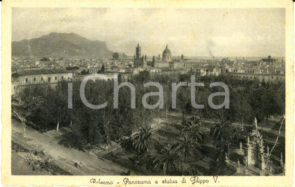 Cartolina originale da collezione 1930 PALERMO Panorama parco Palazzo Reale con statua FILIPPO V *Cartolina FP VG 1