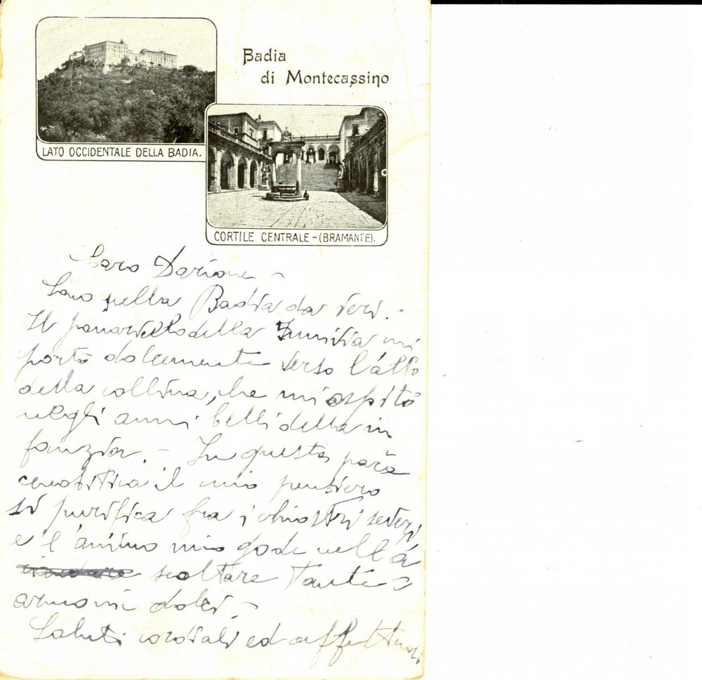 Cartolina originale da collezione 1922 ABBAZIA MONTECASSINO Vedutine lato occidentale e cortile BRAMANTE FP VG 1