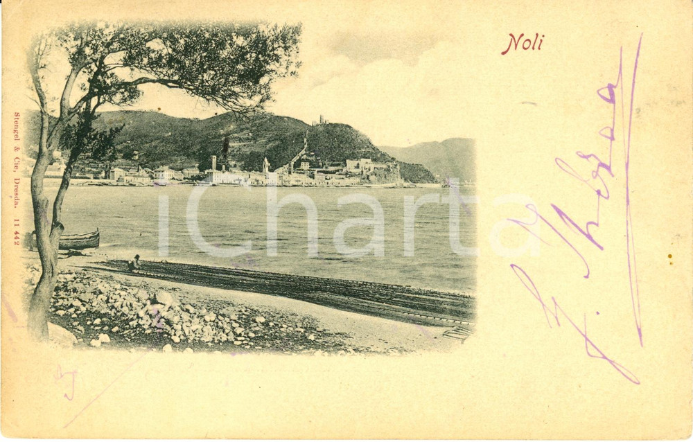 Cartolina originale da collezione 1900 ca NOLI SV Veduta del paese dalla spiaggia Cartolina animata FP VG 1