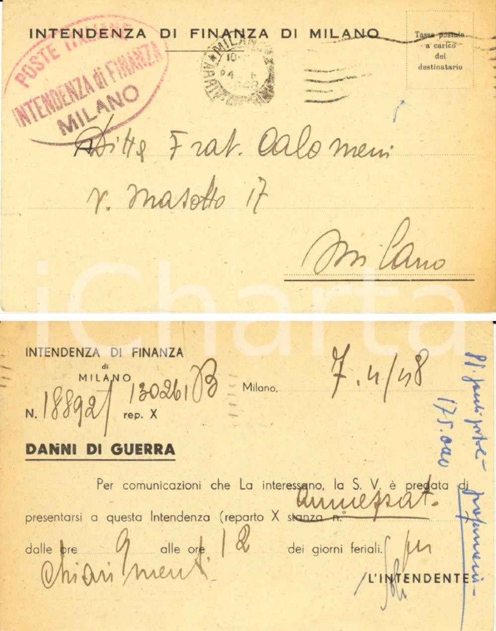 Documento originale, autentico 1948 MILANO INTENDENZA FINANZA Danni di guerra ditta CALOMENI Cartolina FP VG 1