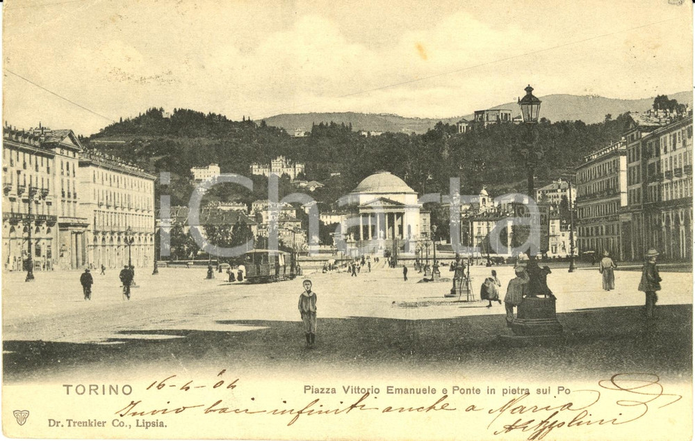 Cartolina originale da collezione 1904 TORINO Piazza VITTORIO EMANUELE e ponte in pietra sul PO *Cartolina FP VG 1