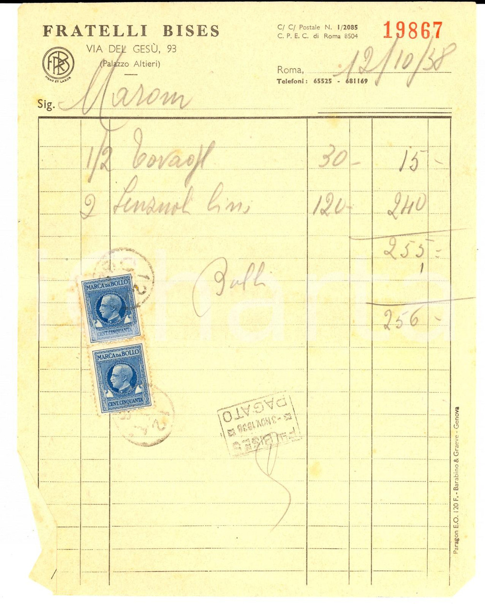 Documento originale, autentico 1938 ROMA Via del GesÃ¹  Ditta Fratelli BISES Fattura intestata per tovaglie 1