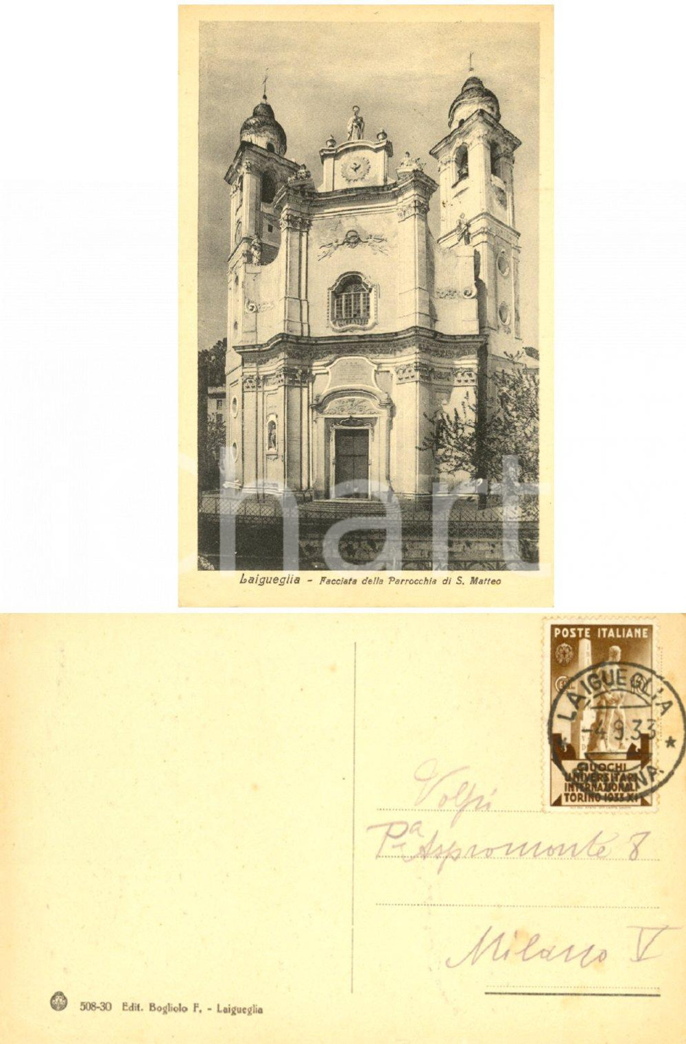 Cartolina originale da collezione 1933 LAIGUEGLIA (SV) Facciata chiesa parrocchiale di SAN MATTEO *Cartolina FP VG 1