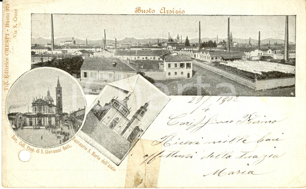 Cartolina originale da collezione 1902 BUSTO ARSIZIO VA Vedutine della cittÃ  Cartolina FP VG DANNEGGIATA 1