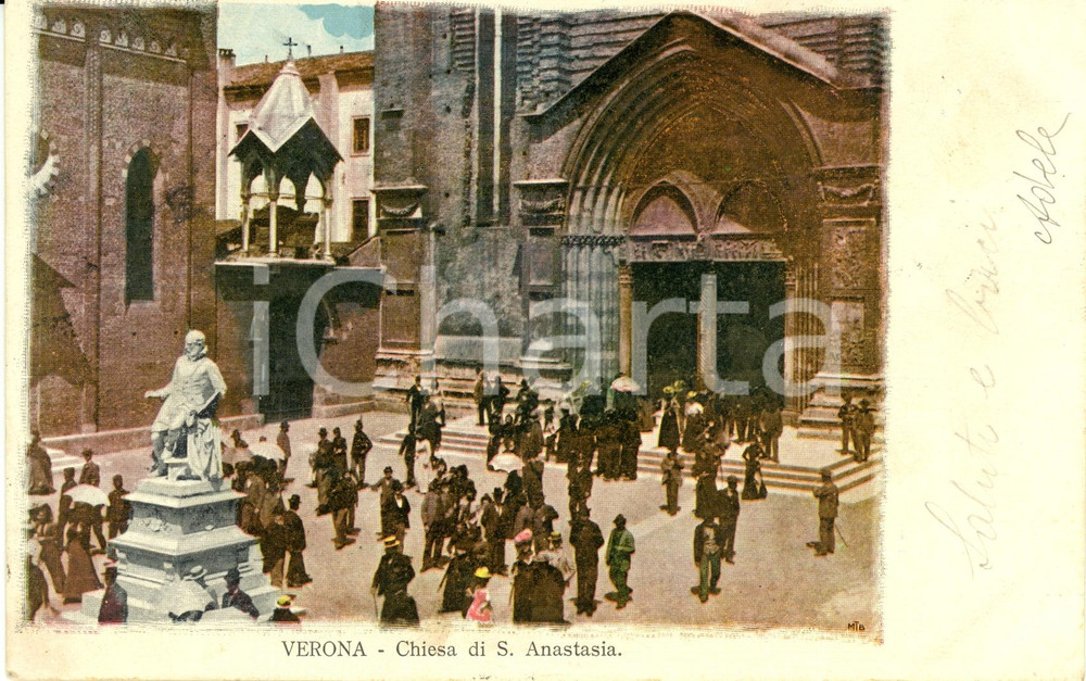Cartolina originale da collezione 1903 VERONA Esterno della chiesa di SANT'ANASTASIA *Cartolina animata FP VG 1