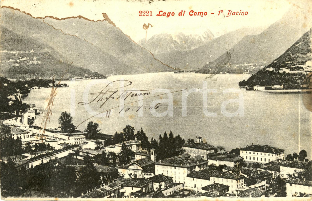 Cartolina originale da collezione 1906 COMO Veduta del Primo Bacino del LAGO di COMO *Cartolina FP VG DANNEGGIATA 1