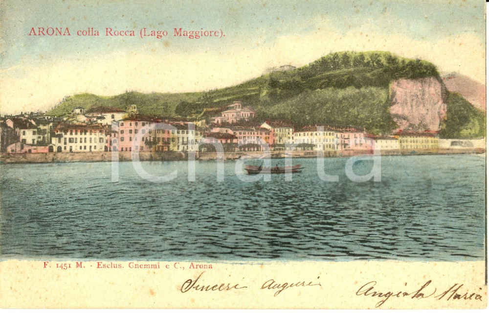 Cartolina originale da collezione 1901 ARONA (NO) LAGO MAGGIORE Panorama dal lago con la Rocca *Cartolina FP VG 1