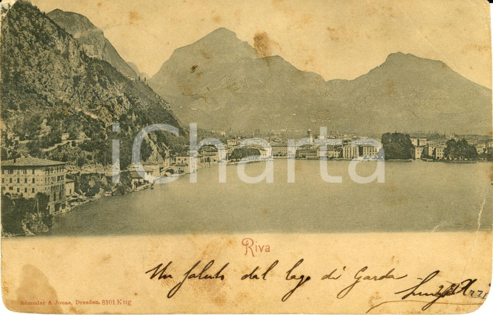 Cartolina originale da collezione 1901 RIVA DEL GARDA (TN) Veduta del paese dal lago *Cartolina FP VG DANNEGGIATA 1