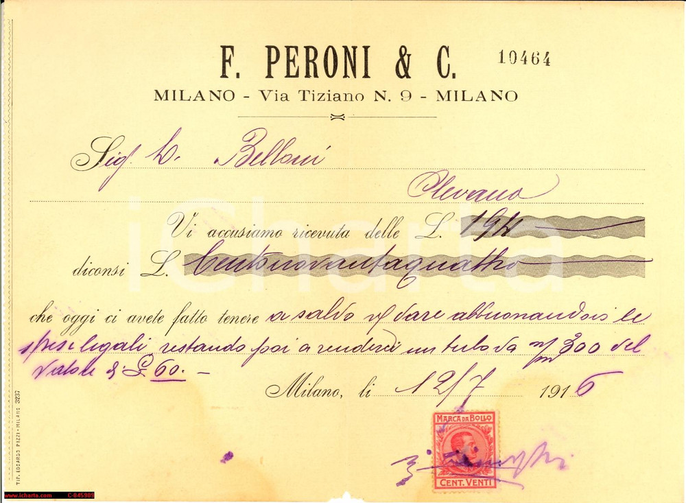 Documento originale, autentico 1916 MILANO F. PERONI & C. Pompe idrauliche 1