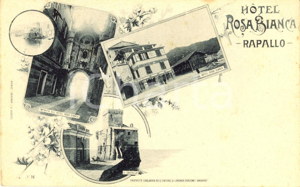 Cartolina originale da collezione 1900 ca RAPALLO (GE) Vedutine hotel ROSA BIANCA e castello *Cartolina FP NV 1