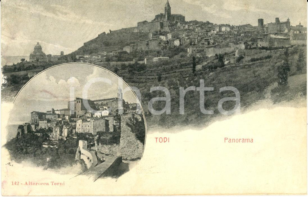Cartolina originale da collezione 1900 ca TODI (PG) Panorama e vedutina dell'abitato *Cartolina postale FP NV 1