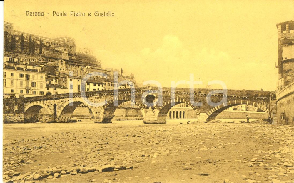 Cartolina originale da collezione 1916 VERONA Ponte Pietra e il castello visti dal fiume ADIGE *Cartolina FP VG 1