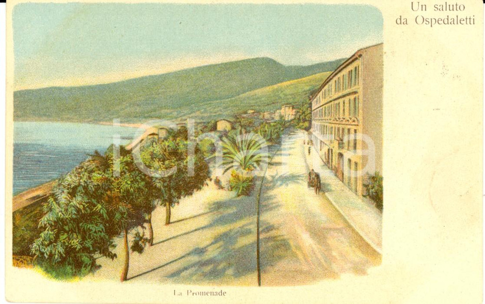 Cartolina originale da collezione 1900 ca OSPEDALETTI (IM) La promenade con carrozza *Cartolina ILLUSTRATA FP NV 1