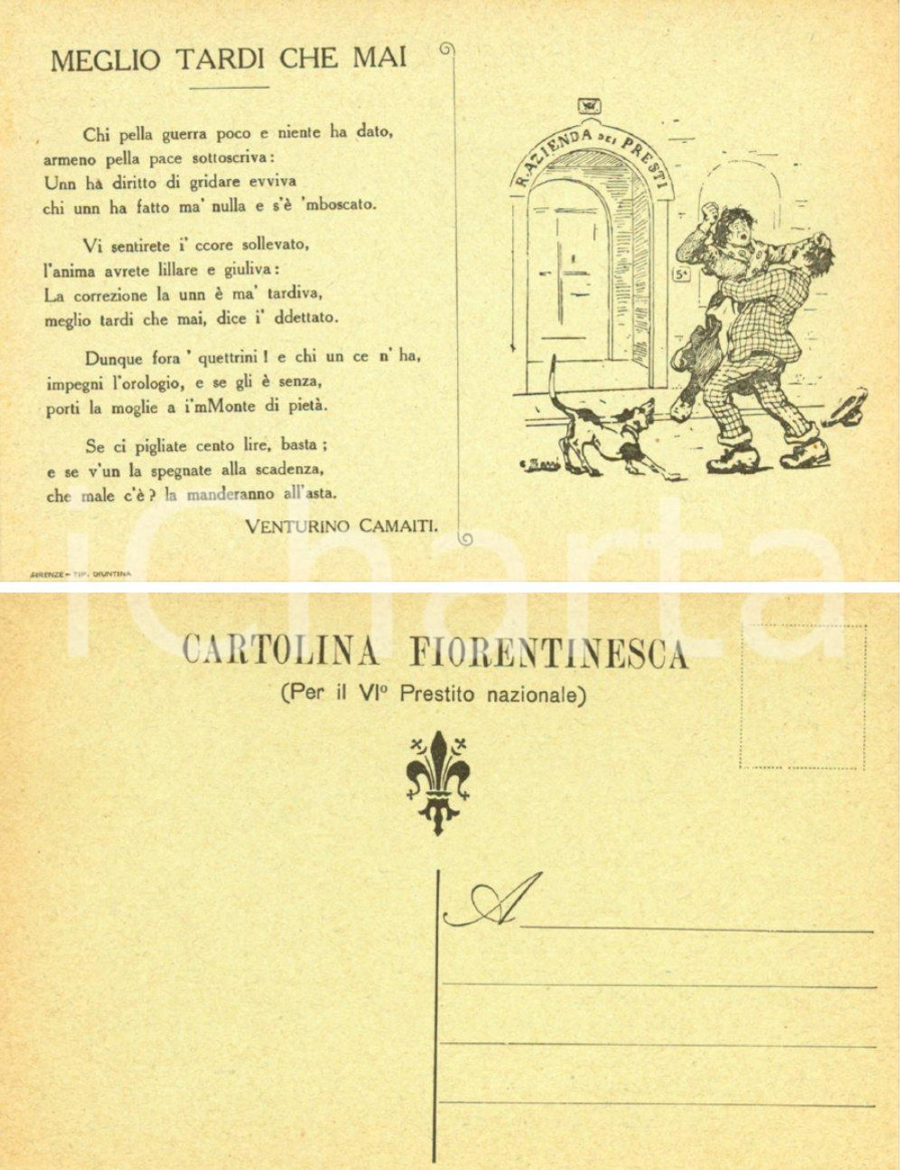 Cartolina originale da collezione 1918 ca WW1 Sonetto VENTURINO CAMAITI per VI Prestito nazionale *ILLUSTRATA FP 1