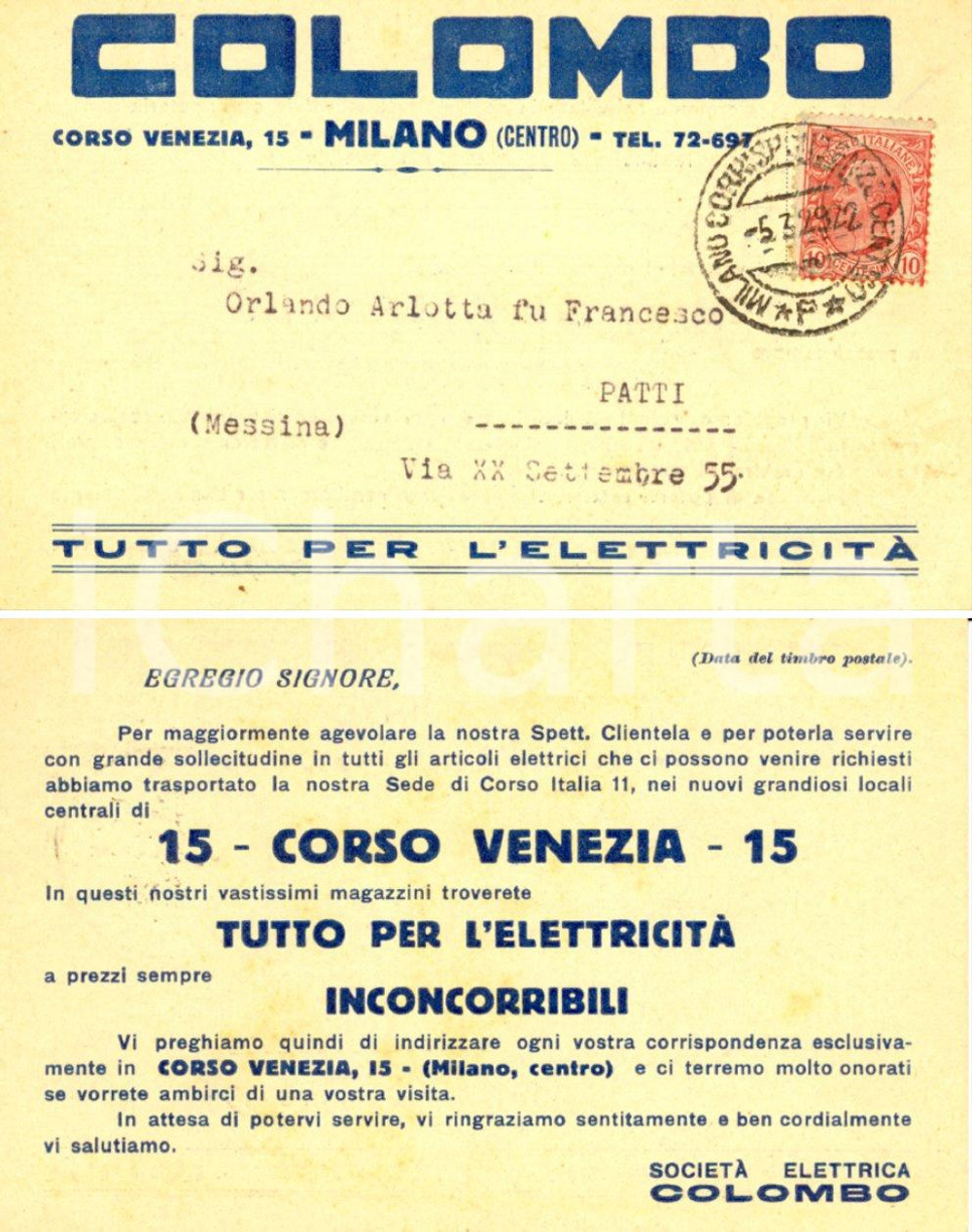 Cartolina originale da collezione 1929 MILANO SocietÃ  elettrica COLOMBO cambio di sede *Cartolina intestata FP VG 1