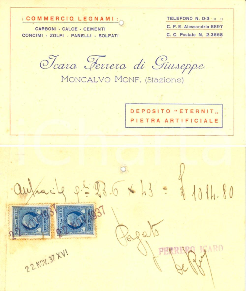 Cartolina originale da collezione 1937 MONCALVO AT Pagamento antracite a ditta FERRERO Cartoncino DANNEGGIATO 1