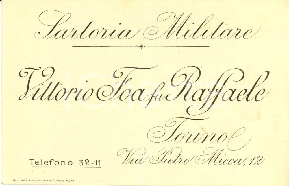 Cartolina originale da collezione 1920 ca TORINO Sartoria militare VITTORIO FOA fu Raffaele Biglietto 1