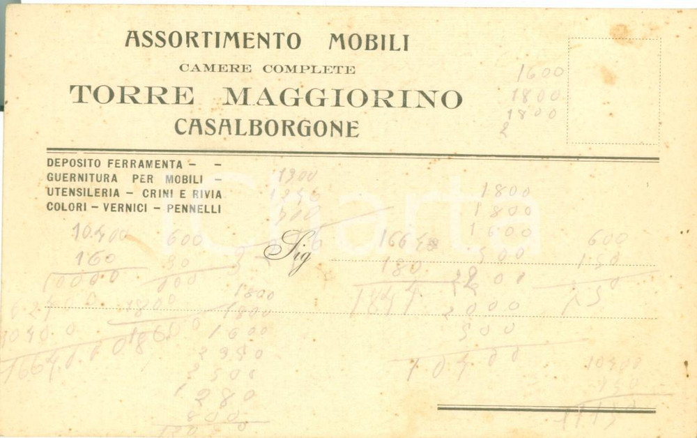 Cartolina originale da collezione 1930 ca CASALBORGONE (TO) Assortimento mobili TORRE MAGGIORINO *Biglietto 1