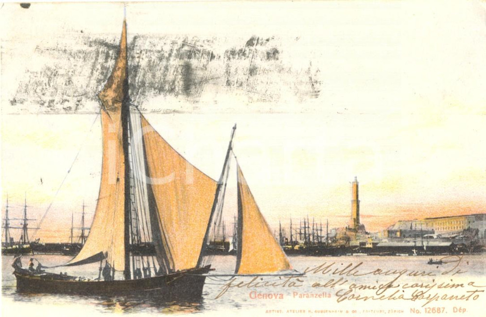 Cartolina originale da collezione 1905 GENOVA Veduta del porto e primo piano di una PARANZELLA *Cartolina FP VG 1