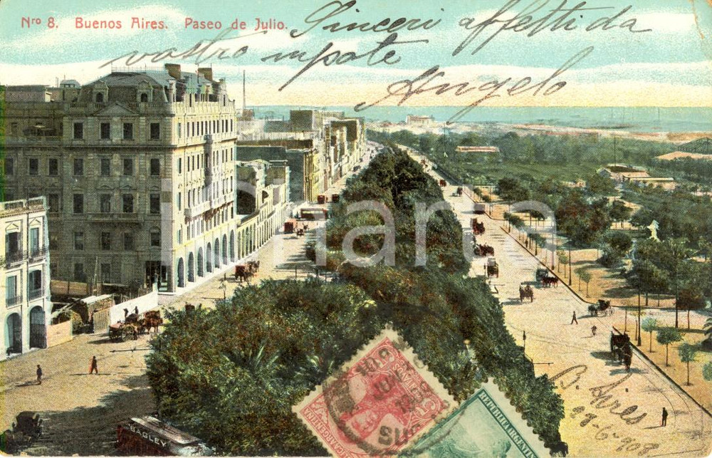 Cartolina originale da collezione 1909 BUENOS AIRES (ARGENTINA) Veduta del Paseo de JULIO *Cartolina FP VG 1