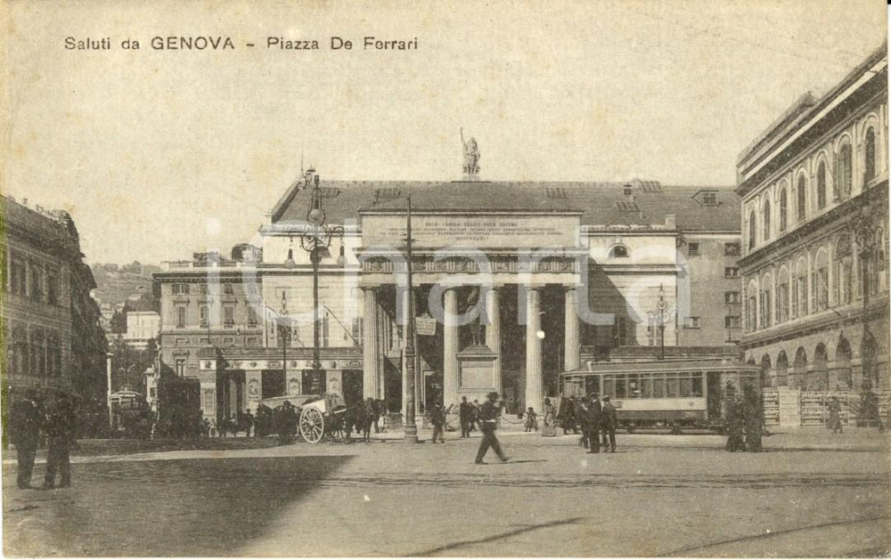 Cartolina originale da collezione 1920 ca GENOVA Piazza DE FERRARI con facciata del teatro CARLO FELICE *ANIMATA 1